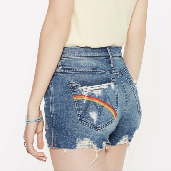 MOTHER High Waisted Rascal Slit Chew Shorts Rainbow Learning to Hula Size 27 - Picture 1 of 6